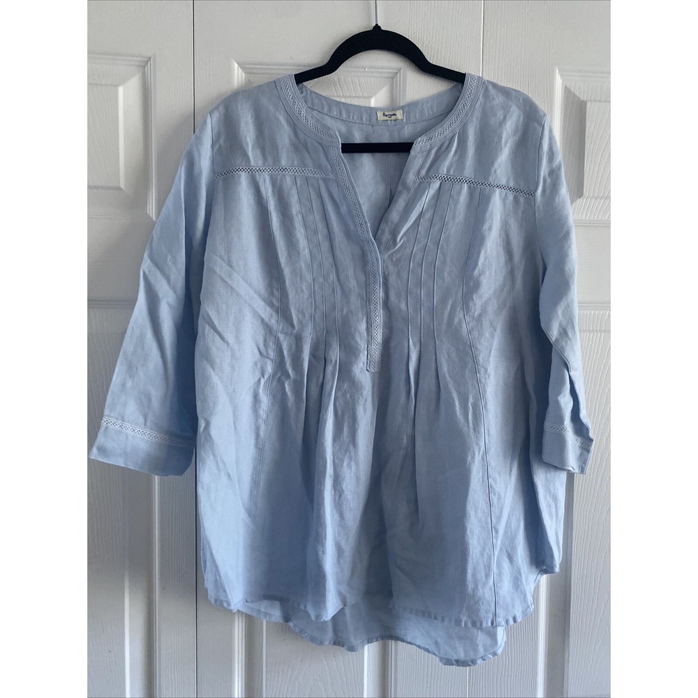 Symple‎ NYC Women's Blue Linen Top Short Sleeve Relaxed Laggenlook Large Boho